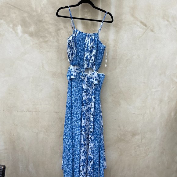 Amur Holland Tie Pleated Chiffon Maxi Spaghetti Strap Dress Blue Floral Print - Picture 7 of 13